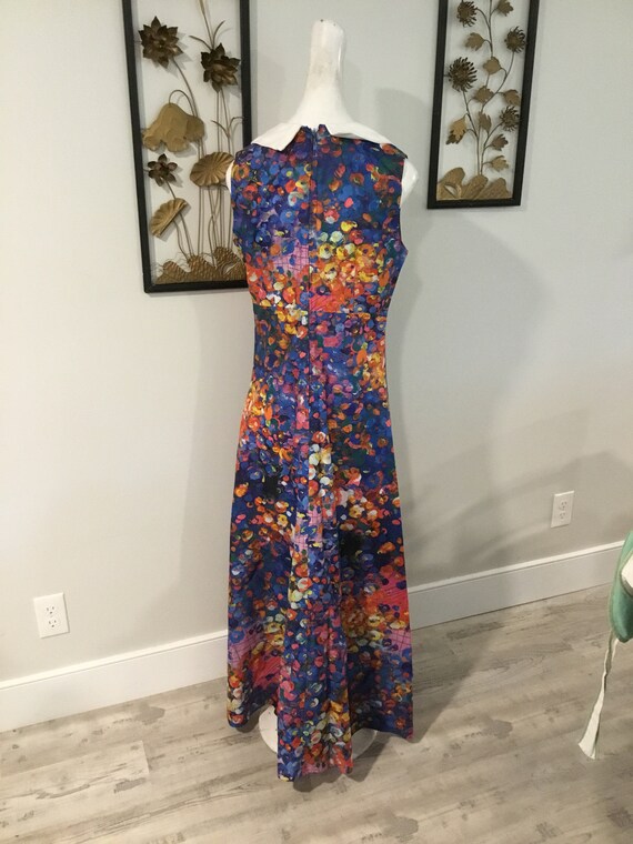 70's Maxi Dress MOD Bold Print Blue Orange Pink a… - image 3