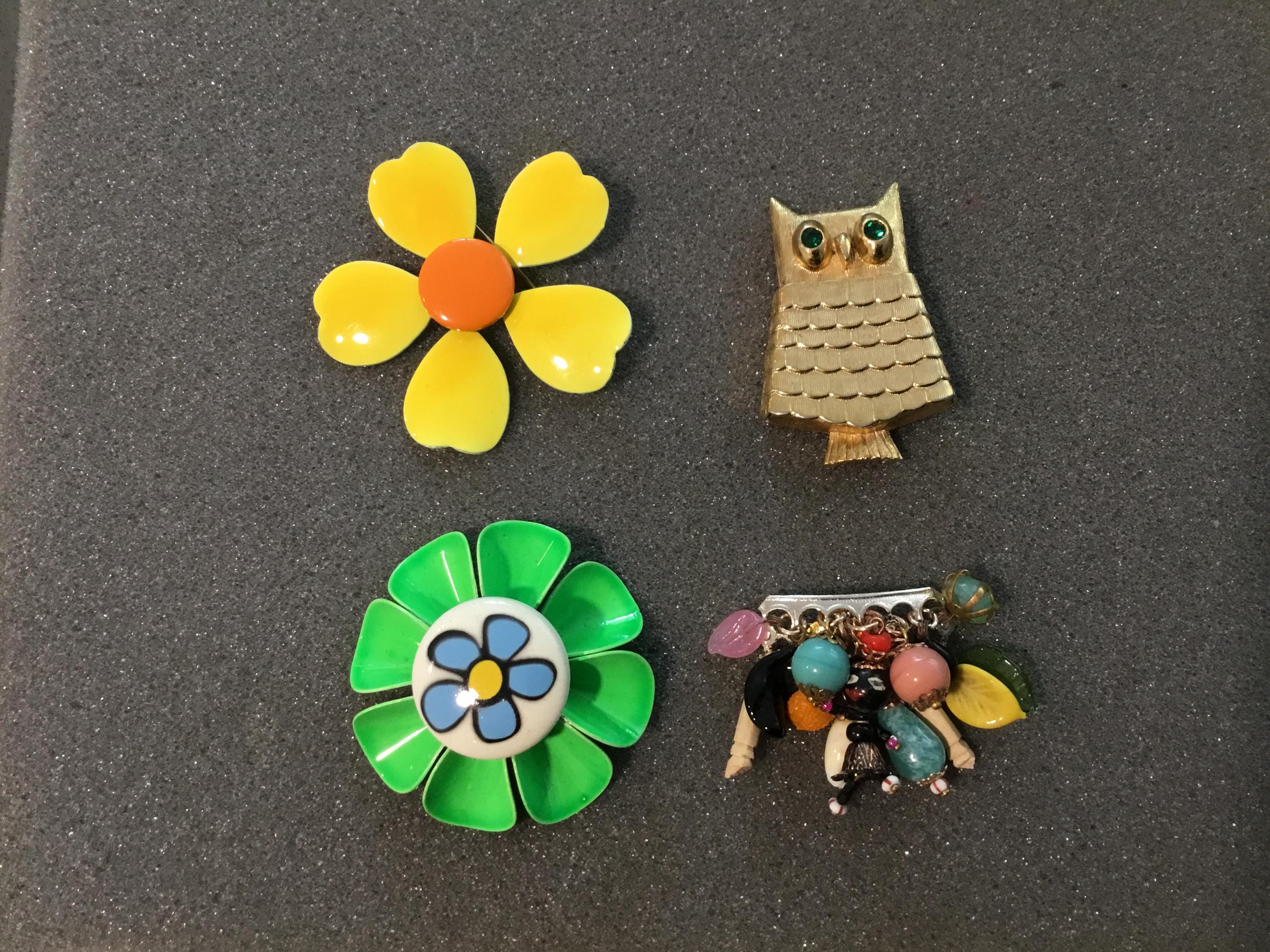 Vintage Enamel Flowers, Avon Owl, Assemblage Pins: 1970s Jewelry Choice of One