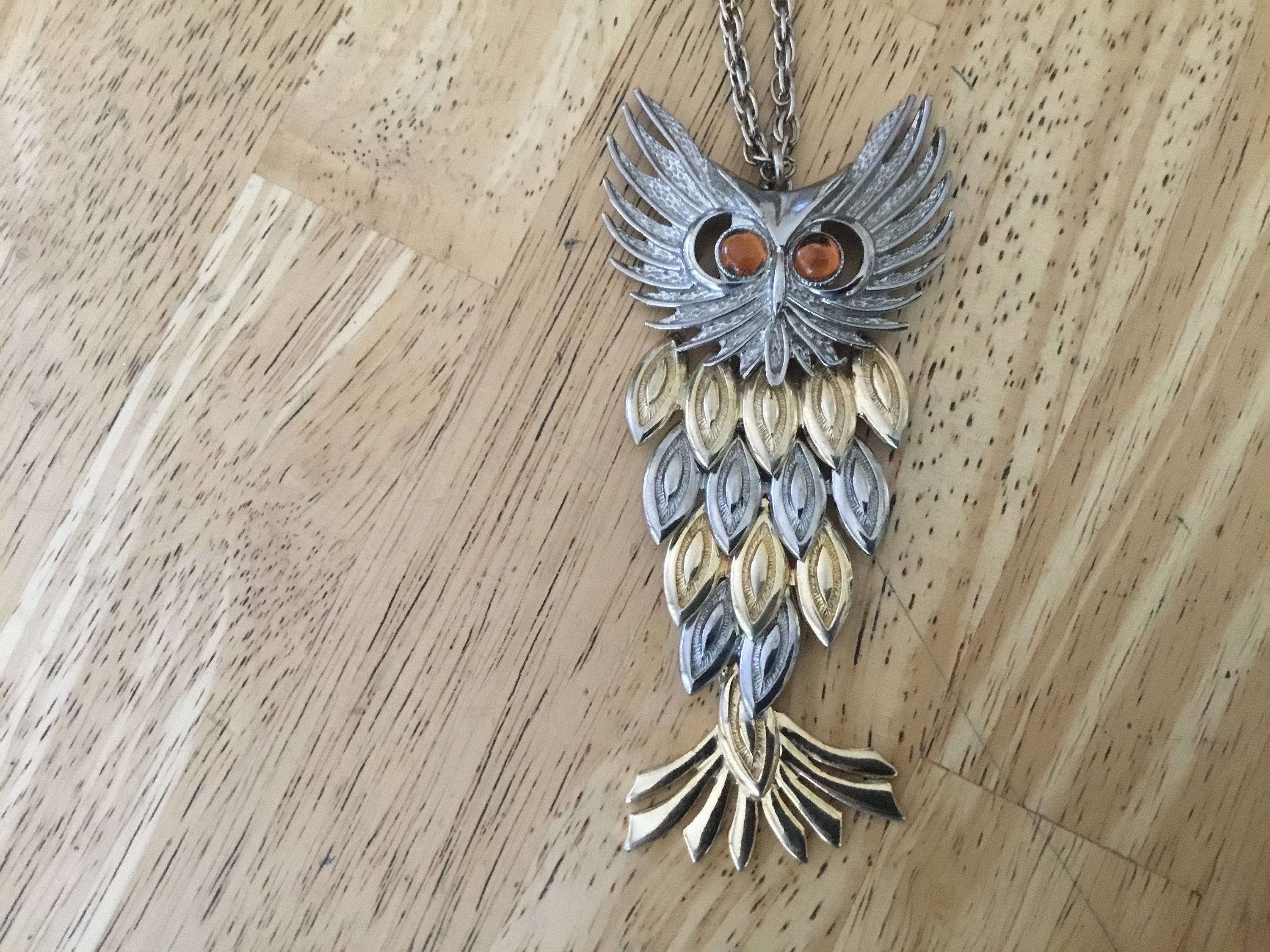 Vintage 1970s Huge Articulated Owl Pendant Boho Owl Pendant Silver Tone Pendant Costume Jewelry