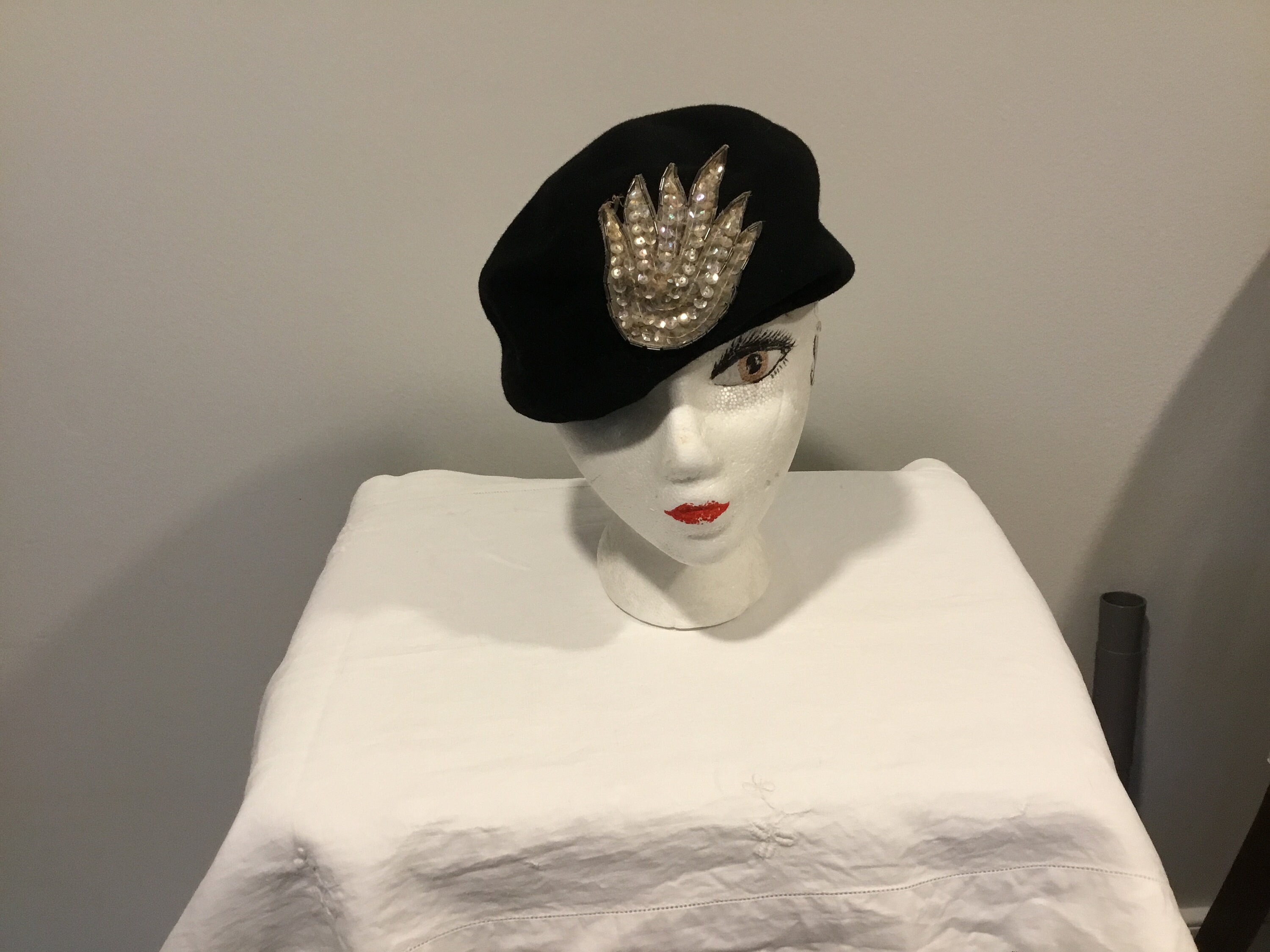 Elegant 60’s Black felt Hat with Beaded and sequined Detail. schiaparelli-black-beaded-  main image 3