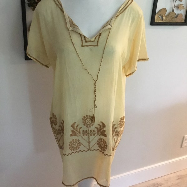 Embroidered Mini Dress or Tunic Hippie Style Tunic Pale Golden Yellow Gauze and Embroidery Sheer Embroidered Tunic or Mini Old Embroidery