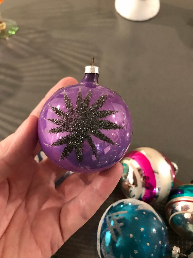 Vintage Christmas Ornaments Shiney Brite and West Germany Ornaments Handpainted Vintage Christmas Purple Pink Aquas Gurley Snowman 3 Angels
