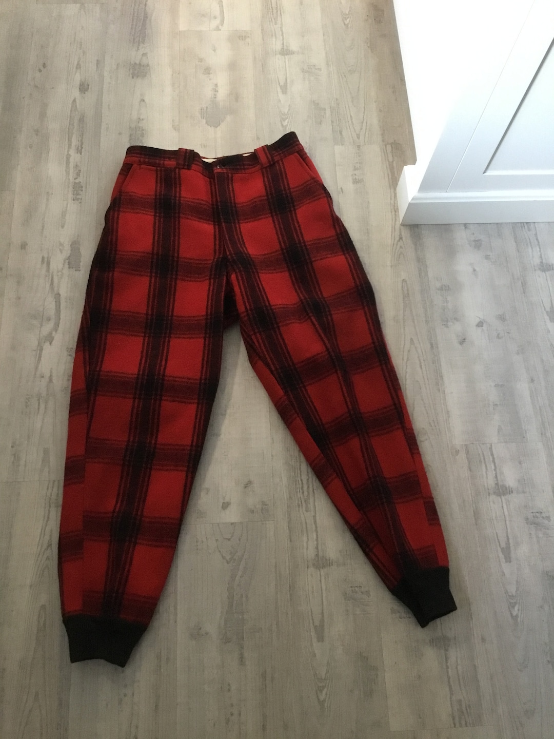 Lumberjack Pants Red and Black Plaid Wool Hunting Pants Rustic Vintage
