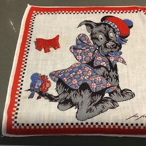 Tom Lamb Scotty Dog Hanky and Bakelite Button Red Scotty Dog Button Vintage Hanky by Tom Lamb Scottie Dog with Beret 2 Birdies Chirping