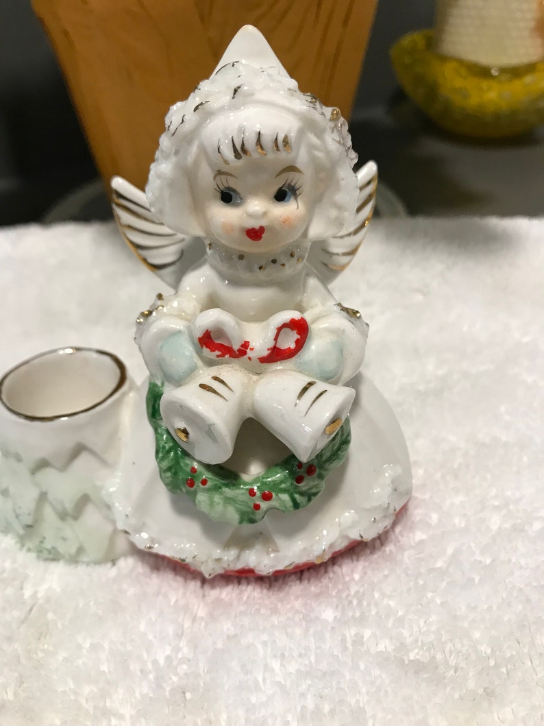 Vintage Christmas Angel Japan Ceramic Angel and Candlestick Holder Christmas Figurine Sweet Angel with Wreath