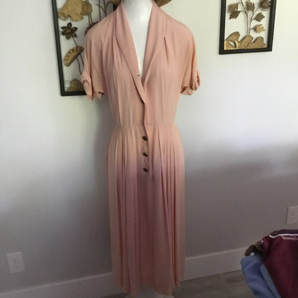 40s-50's Day Dress Pale Pink Rayon Blend Shirtwaist Dress Secretary Dress Punk it up Rockabilly Street Style Mrs.Cleaver Look Vintage Dress