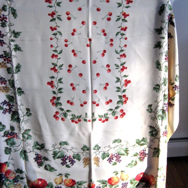 RESERVED for Natalie Vintage Tablecloth / Red Cherries Galore / Fruit Border / Textured Cotton Blend / Cornucopia of Fruit