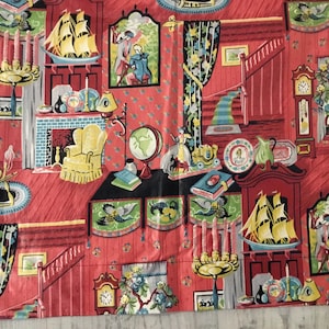 May include: Red fabric with a repeating pattern of interior scenes. The design includes ships, clocks, paintings, furniture, and globes. The color palette features red, yellow, blue, and green.