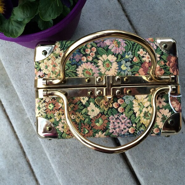 Boxy Tapestry Purse by delill Handbags Made in Italy Floral Cloth Train Purse With Metal Hardware Treasure Box Purse Train Case Purse
