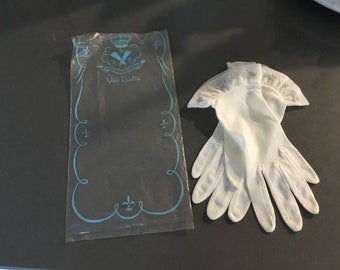 Vintage White Nylon Gloves by Van Raalte, Embroidered Ruffle Hem