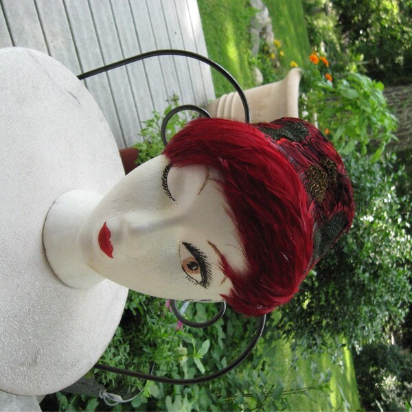 Feather Hat / Red Feather Hat Iridescent  Feathers in  Blue, Red  and Green FABULOUS Hat Holiday Fashion Statement Piece