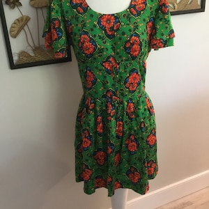 1970&#39;s Mini Dress Bright Green Floral Print Groovy Dress Cute Dress Homemade Long Ago Spilke&#39;s Fabric Bright Green Orange and Blue