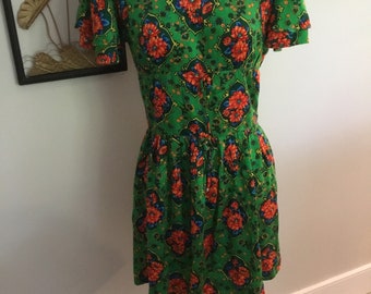 1970's Mini Dress Bright Green Floral Print Groovy Dress Cute Dress Homemade Long Ago Spilke's Fabric Bright Green Orange and Blue