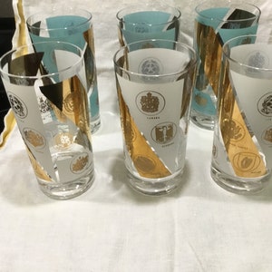 Vintage Tumblers or Water Glasses Set of 6 Gold and Aqua Detail on Clear Glass Country&#39;s Crests Vintage Glassware
