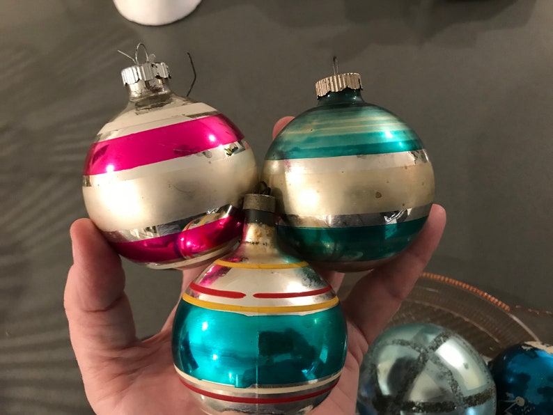 Vintage Christmas Ornaments Shiney Brite and West Germany Ornaments Handpainted Vintage Christmas Purple Pink Aquas Gurley Snowman 3 Angels
