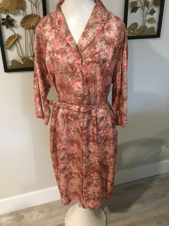 60s Pink Floral Print Silky Dress, Madmen Style