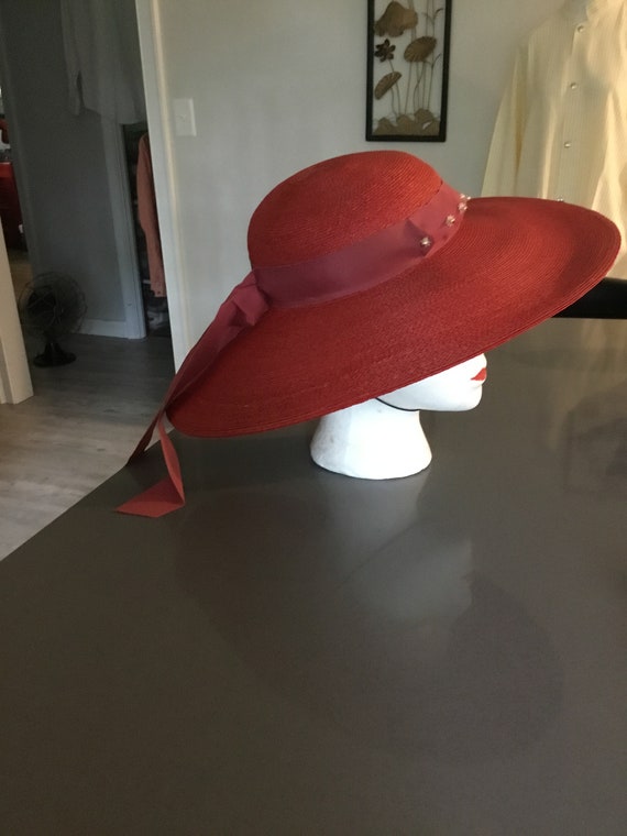 Vintage Straw Hat Orange Red Tilt Hat Picture Hat… - image 2