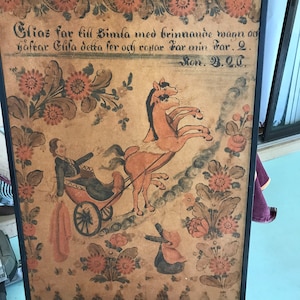 Pennsylvania Dutch or Germanic motif Print Horses Pulling Antique Cart Art on Hardboard Stencil Like Muted Oranges and Beige Mystery Piece