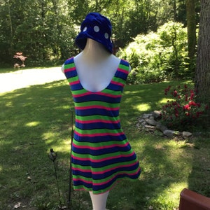 1970s Mini Dress Striped Mini Dress Groovy Little Dress Lime Green Hot Pink and Royal Blue Stripes Could Wear as Tunic Too Twiggy Look