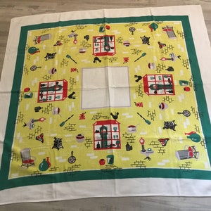 Vintage Tablecloth Kitchen Graphics Rooster Weather Vanes Rockers Pot Belly Stove Coffee Grinder Pottery Red Yellow Green Cottagecore