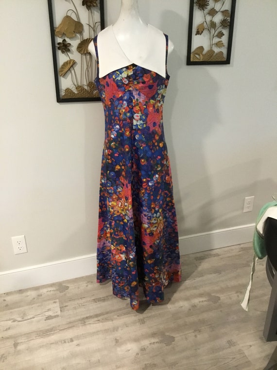 70's Maxi Dress MOD Bold Print Blue Orange Pink a… - image 1