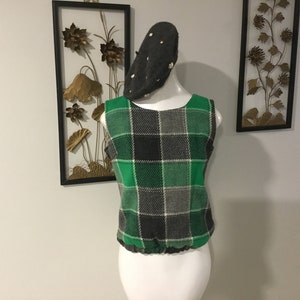 70s Top Wool Plaid Sleeveless Top Green and Gray Large Plaid Vintage Plaid Top Cute Button Detail Down the Back