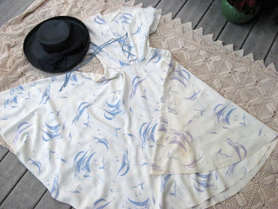 Sail Away Dress 40's -50's Rayon Dress Sail Boat … - image 1