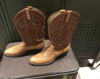 Cowboy Boots Dan Post Boots Two Tone Leather and Snakeskin Boots Marked Size 12 Urban Cowboy Bayou Brown Leather Tan Stitching Snakeskin TEX