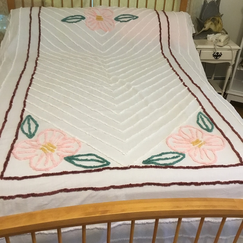 Queen Cotton Chenille Bedspread with Flower of Life Pattern and Fringe Edge in Ivory
