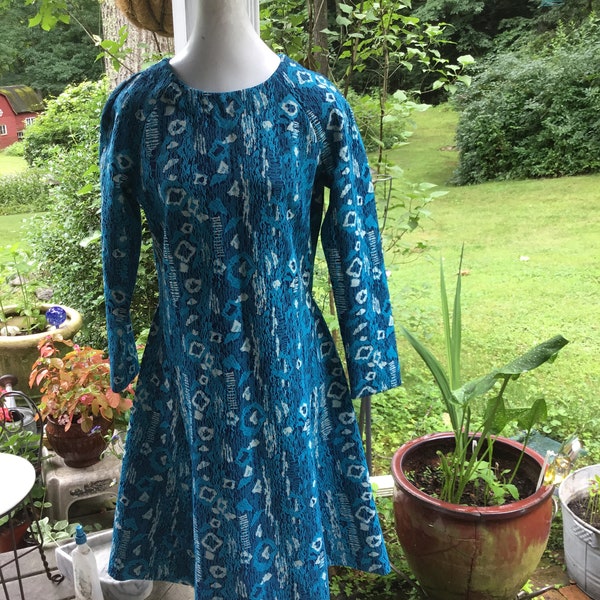 1970s Dress Flared hemline MOD Graphics in Shades of Aqua and Blue Great with Boots