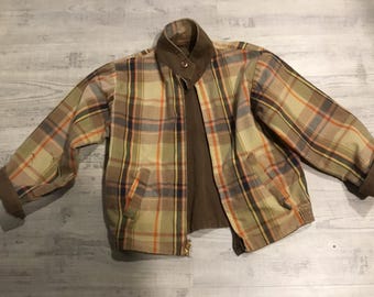 60's Vintage Windbreaker Smaller Cotton Jacket Zippers Up Front Reversible One Side Plaid One side Brown Leave it to Beaver Look Chest 33