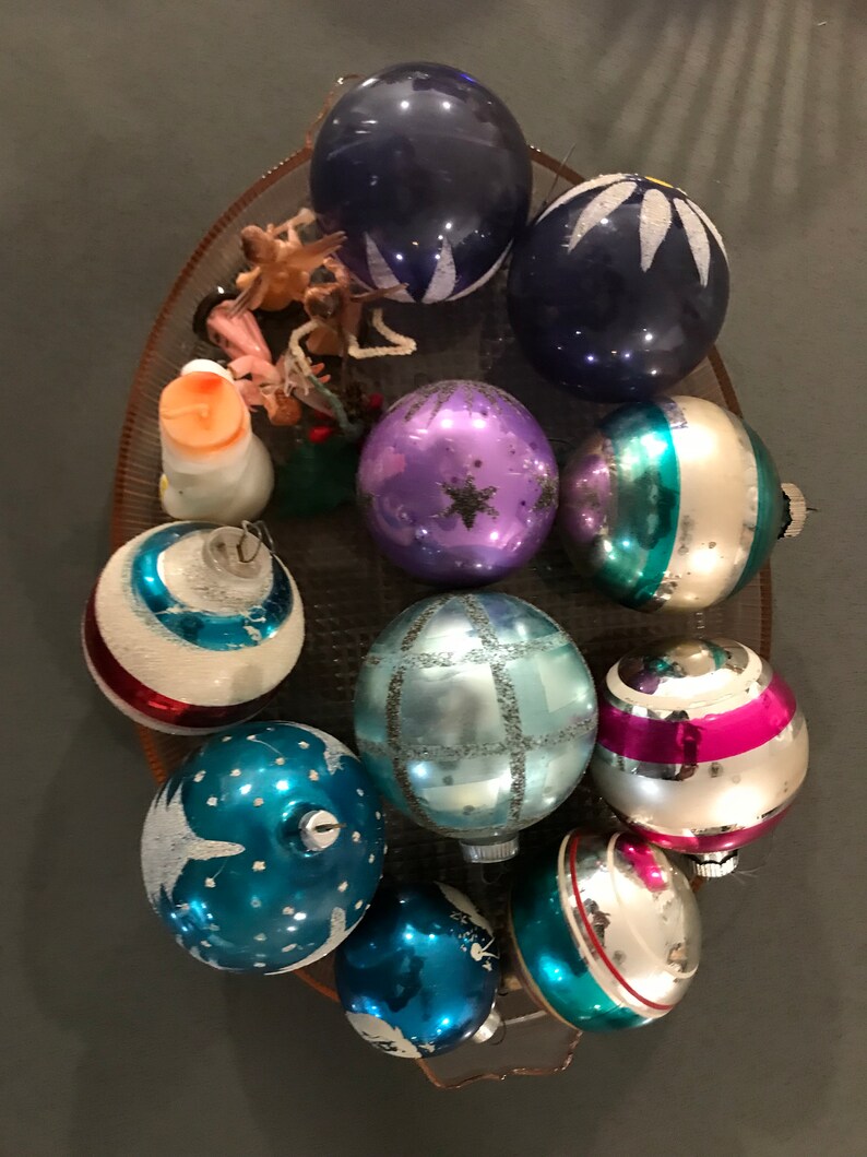 Vintage Christmas Ornaments Shiney Brite and West Germany Ornaments Handpainted Vintage Christmas Purple Pink Aquas Gurley Snowman 3 Angels