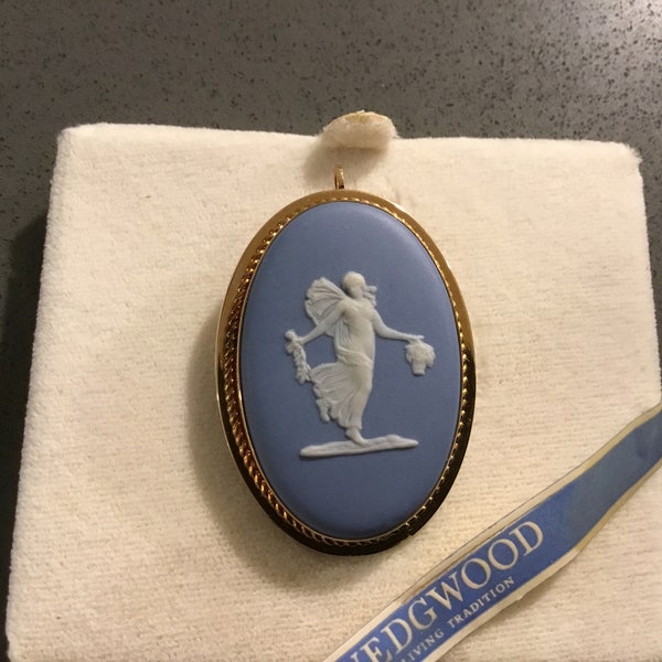 Blue Jasperware Necklace-Pin Dancing Hours Wedgewood by Van Dell 14 KT gold Overlay Goddess Like Figure Vintage Jewelry Pin or Necklace