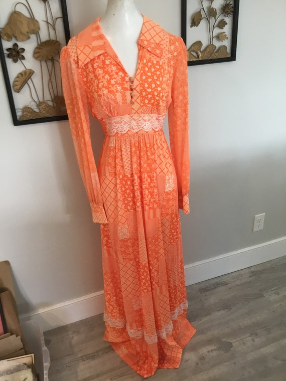 70's Maxi Dress Orange Patchwork and Floral Long D