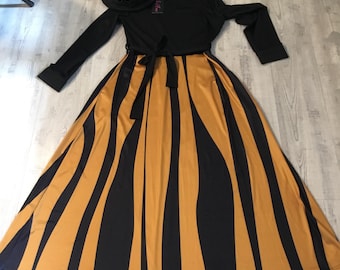 70s Look Maxi Dress Groovy Gown Long Dress Gold and Black Stripes and Waveson Skirt Black Top