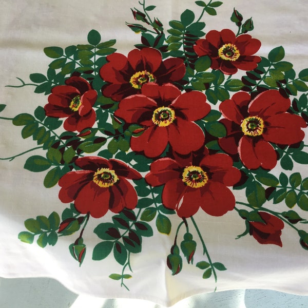 Vintage Tablecloth Red Roses on White Lovely Floral Cloth Instant Cottage Charm Shabby Chic Grandma's House Wilendur Look Cloth