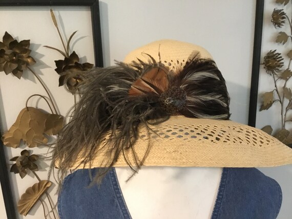 Straw Hat with Feathers and Shell Detail Classic … - image 2