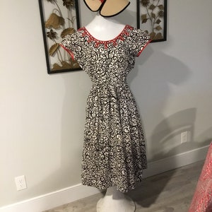50&#39;s Dress Fit and Flare Dress Abstract and Scrolly Print White and Black Red Looped Trim Full Skirt For Keeps VTG FAB Rare Find