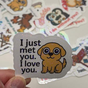 Je viens de vous rencontrer. Je t'aime - Sticker chien drôle et mignon