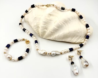 Lapis Lazuli Baroque Pearl Jewelry Set Necklace Bracelet Earrings
