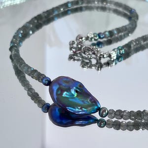 LUXURY Blue Flash Labradorite Freshwater Baroque Peacock Pearl Necklace Silver hypoallergenic PREMIUM Handmade Goddess Creation Art