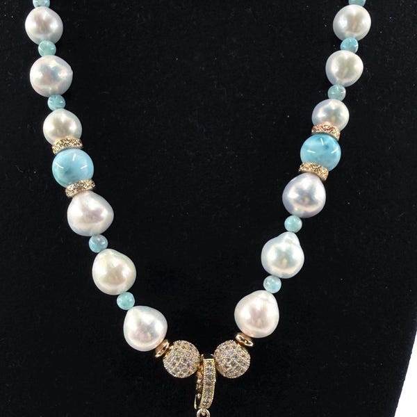 Collier de perles Edison de haute qualité en larimar dominicain, bijoux faits main