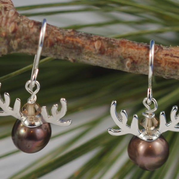 925 Sterling Silver Moose earrings,  Swarovski reindeer, Freshwater Chocolate Pearl, Cape Breton Moose, small moose, Mom gift, Wife earrings