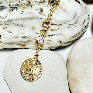 14 karat Gold Sand Dollar necklace, Sally the Sand Dollar, Bridal jewelry, mom necklace, Ocean inspired gift, Beach necklace, gift for her.