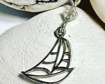 925 Sterling Silver Sail boat, swarovski necklace, Sailing piece, bluenose pendant, ocean inspired necklace, gift for her, Nova Scotia gift