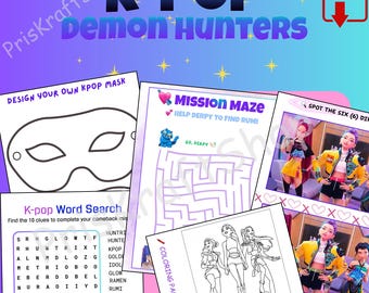 K-pop Demon Hunters Activity Worksheets for Kids | Party Favors Printable Pack |  Kpop Birthday Activity | Birthday Party Decorations
