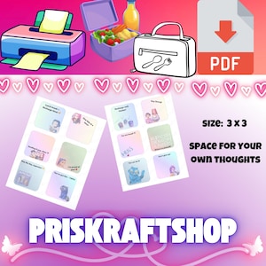 Peut inclure: Téléchargement numérique avec un fichier PDF, des autocollants et des illustrations d'une boîte à lunch, d'une imprimante et de nourriture. Les autocollants mesurent 7,6 x 7,6 cm et comportent des phrases de motivation. L'image comprend également le texte "SPACE FOR YOUR OWN THOUGHTS" et "PRISKRAFTSHOP".
