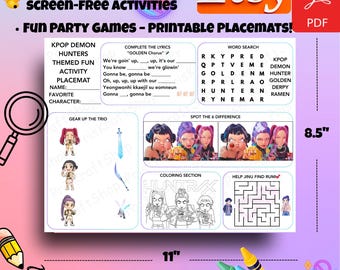 K-pop Demon Hunters Activity Placemat | Printable Kids Party Game with Coloring, Word Hunt, Maze and Spot the Difference