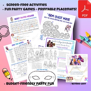May include: Printable party games for kids, featuring a secret message, maze, word search, and more. Includes a mask template and a certificate. The text reads: Screen-Free Activities, Fun Party Games - Printable Placemats! Budget-Friendly Party Fun.