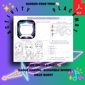 Puede incluir: Un mantel individual de actividades colorido con el texto "Kpop Demon Hunters Fun Activity Placemat". Presenta un diseño de insignia, laberinto, palabras revueltas y páginas para colorear. Incluye el texto "Hunt, Color & Play!" y "Badge Making, Scramble Words, Maze Quest".